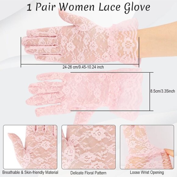 Women Pink Short Tea Wedding Bridal Fashion Opera Halloween Cosplay Lace Gloves - Picture 5 of 8